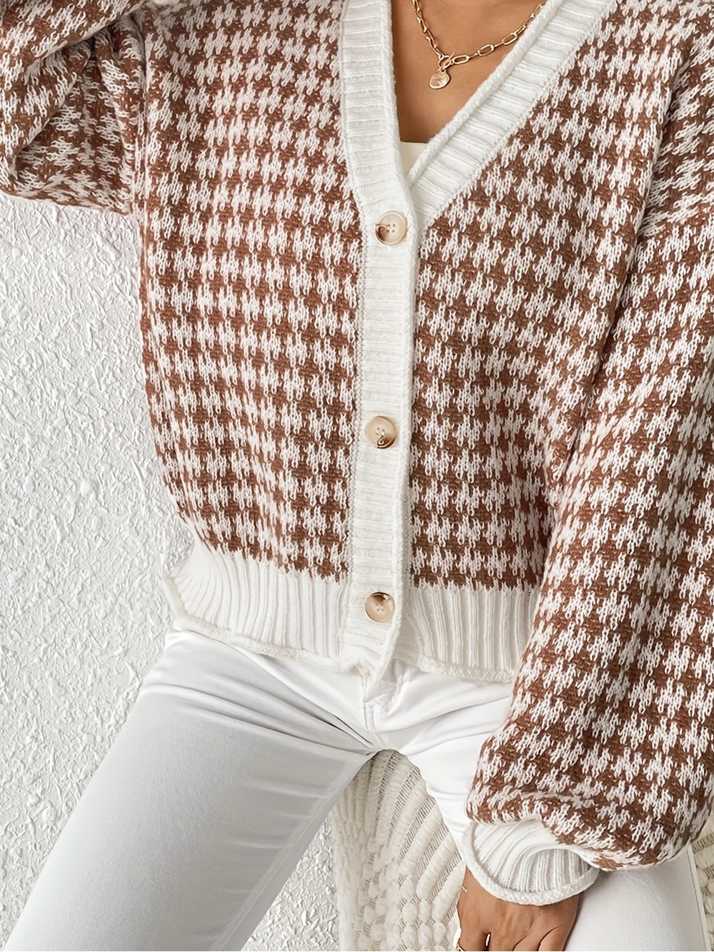 Petal + Pup Houndstooth Button-Up Cardigan - Cream & Brown Small